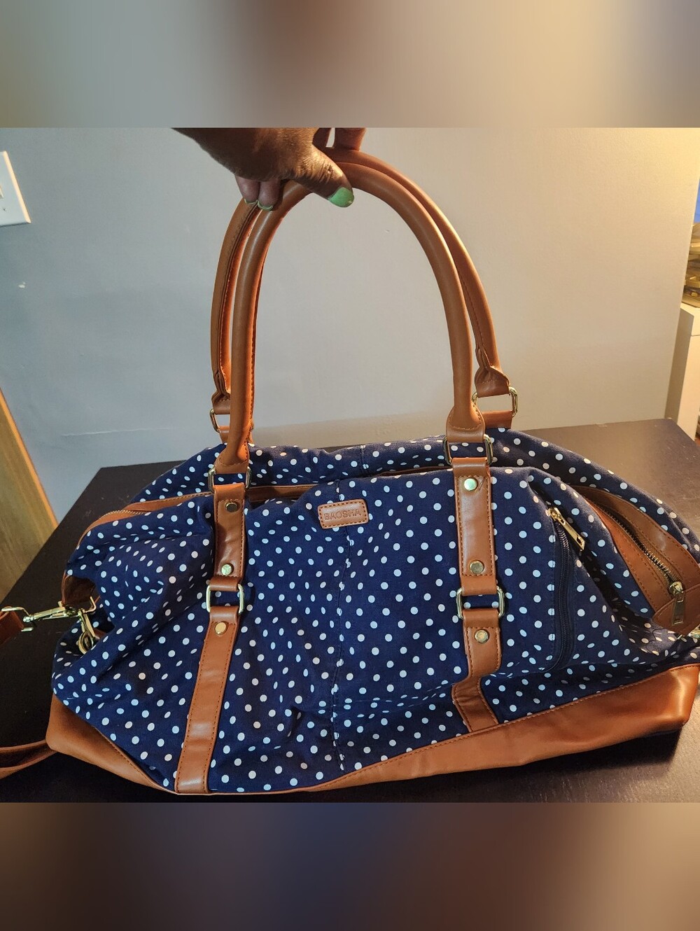 Baosha HB 28 Navy Polka Dot canvad Travel Duffel with Faux Leather Brown Trim XL